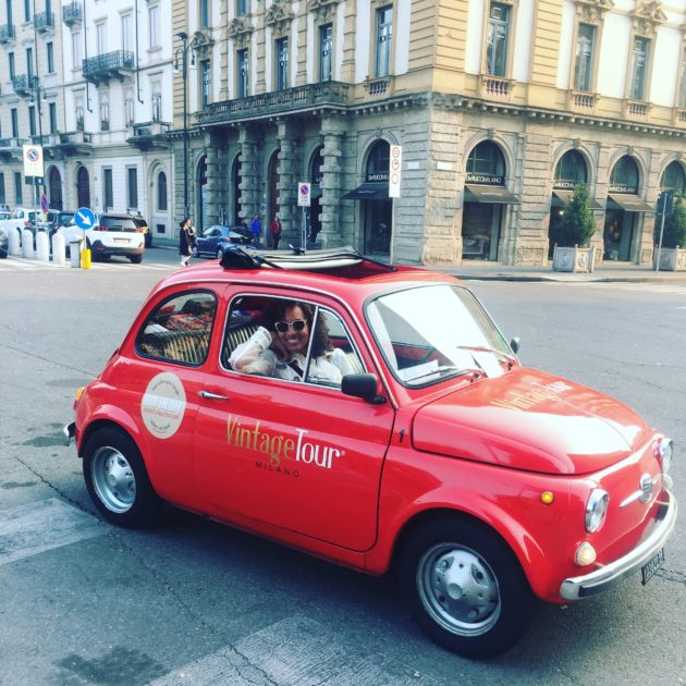 Tara in a classic Fiat 500 in Milan