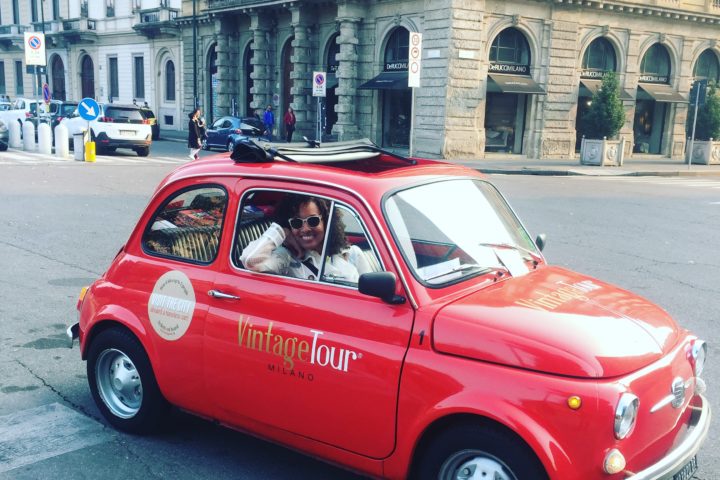 Tara in a classic Fiat 500 in Milan